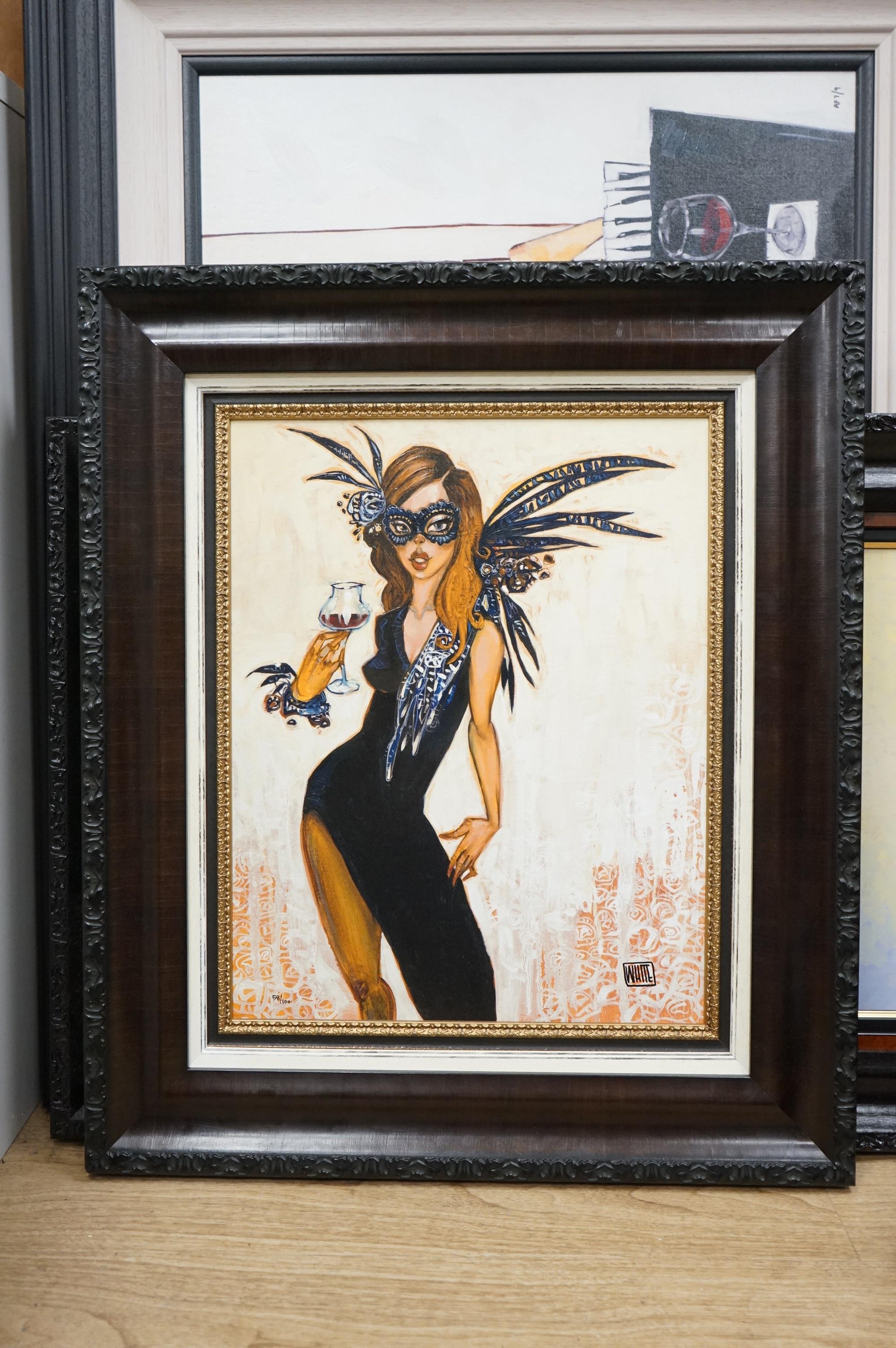 Todd White (b.1969), contemporary embellished canvas on board, ‘White tie affair’, limited edition 58/100, 50 x 39cm